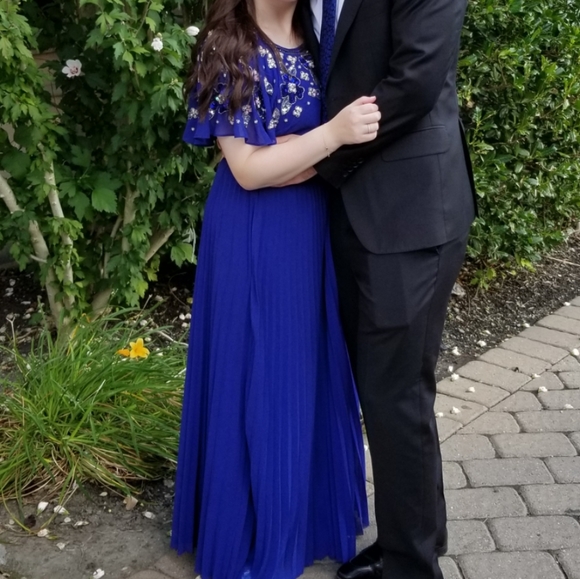 Asos cobalt beaded floral aline pleated maxi gown - Picture 5 of 8